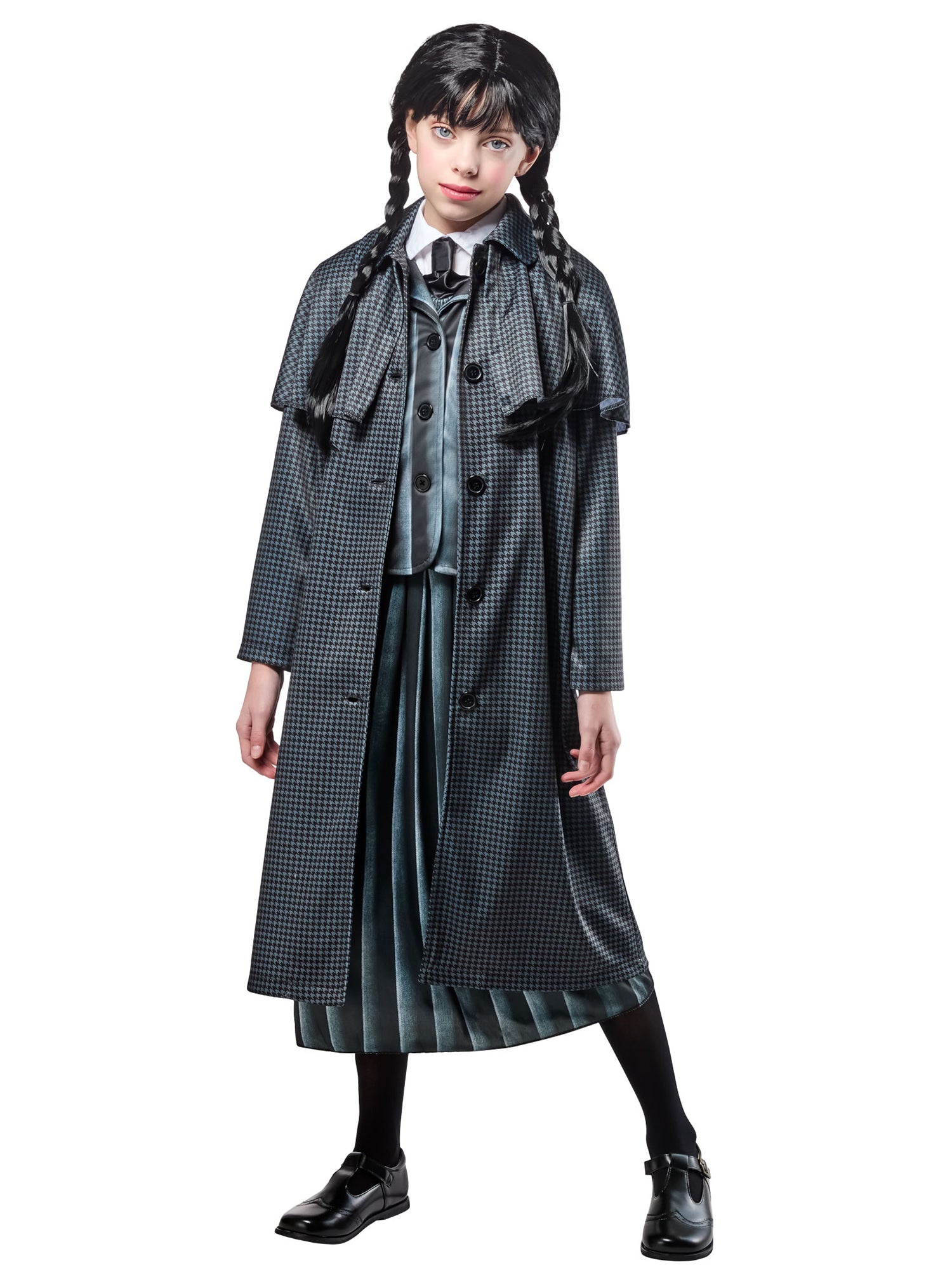 Girls' Wednesday Gray Houndstooth Print Coat - costumes.com