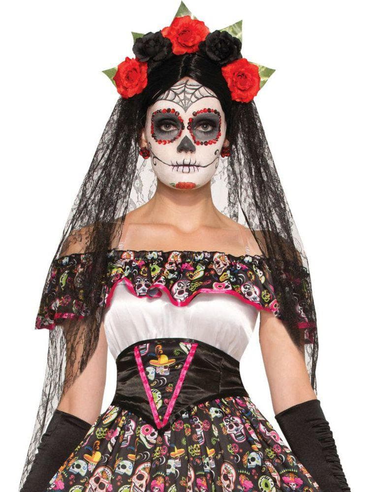 Adult Day of the Dead Inspired Floral Headpiece and Veil - costumes.com