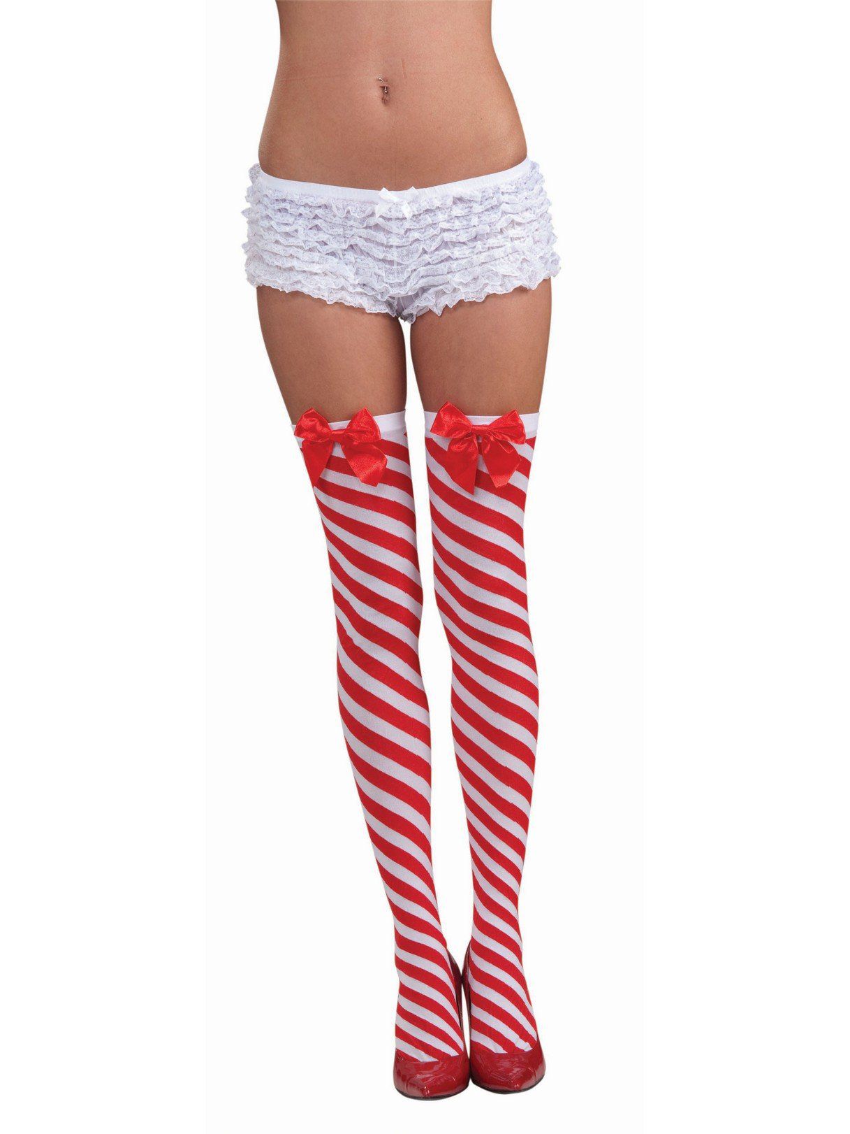 Women's Red and White Striped Candy Cane Thigh High Stockings - costumes.com