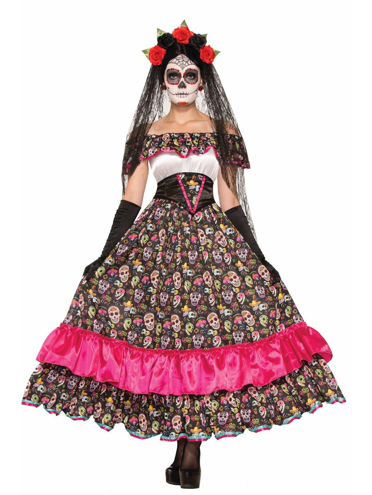 Women's Pink Ruffle Day of the Dead Inspired Costume