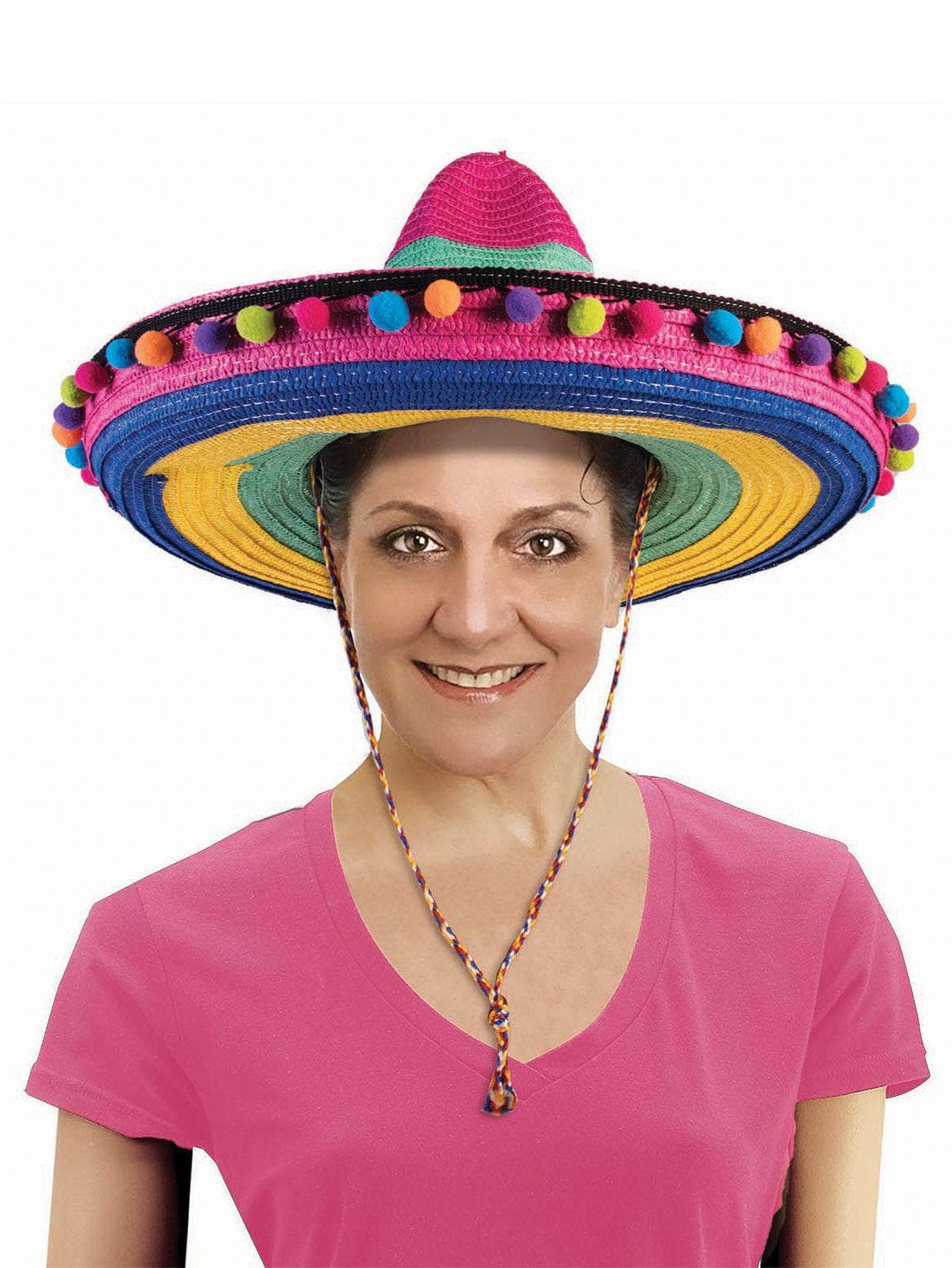 Striped Sombrero with Pom Poms - costumes.com