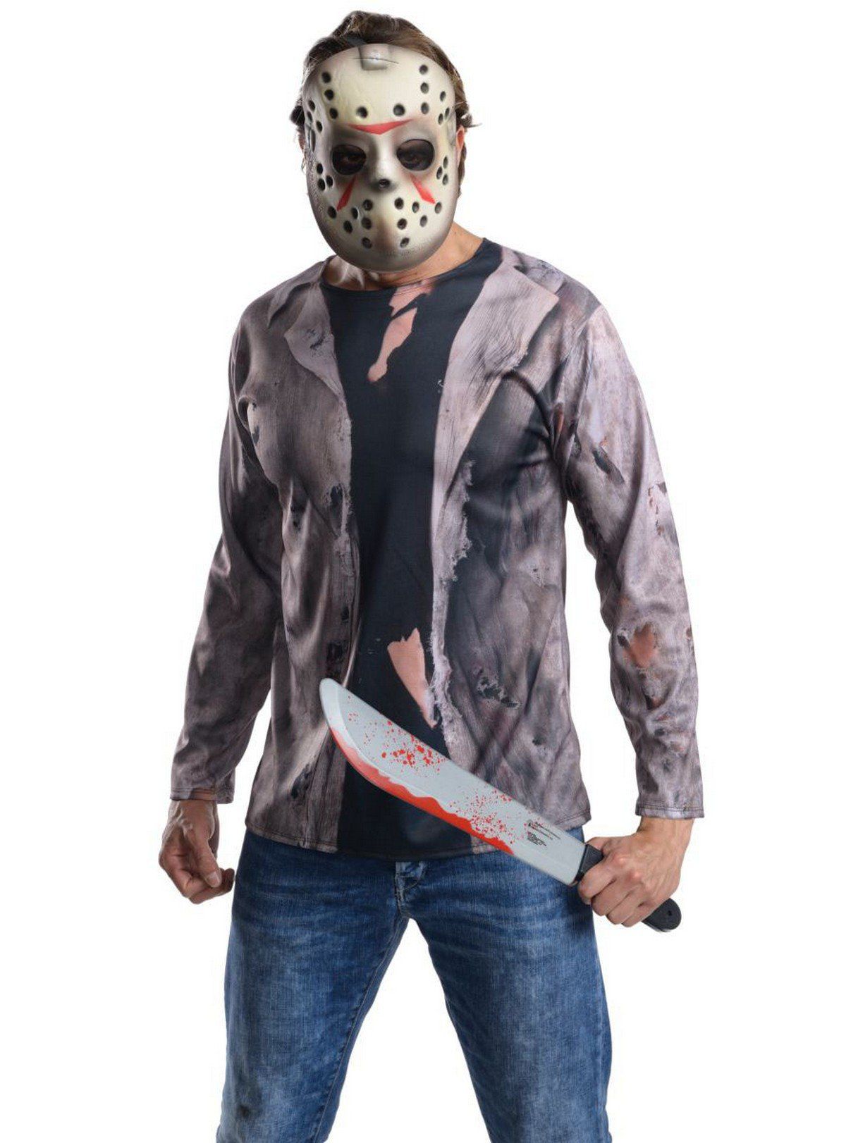 Men's Friday the 13th Jason Voorhees Costume Top, Prop Machete and Mask Set - costumes.com