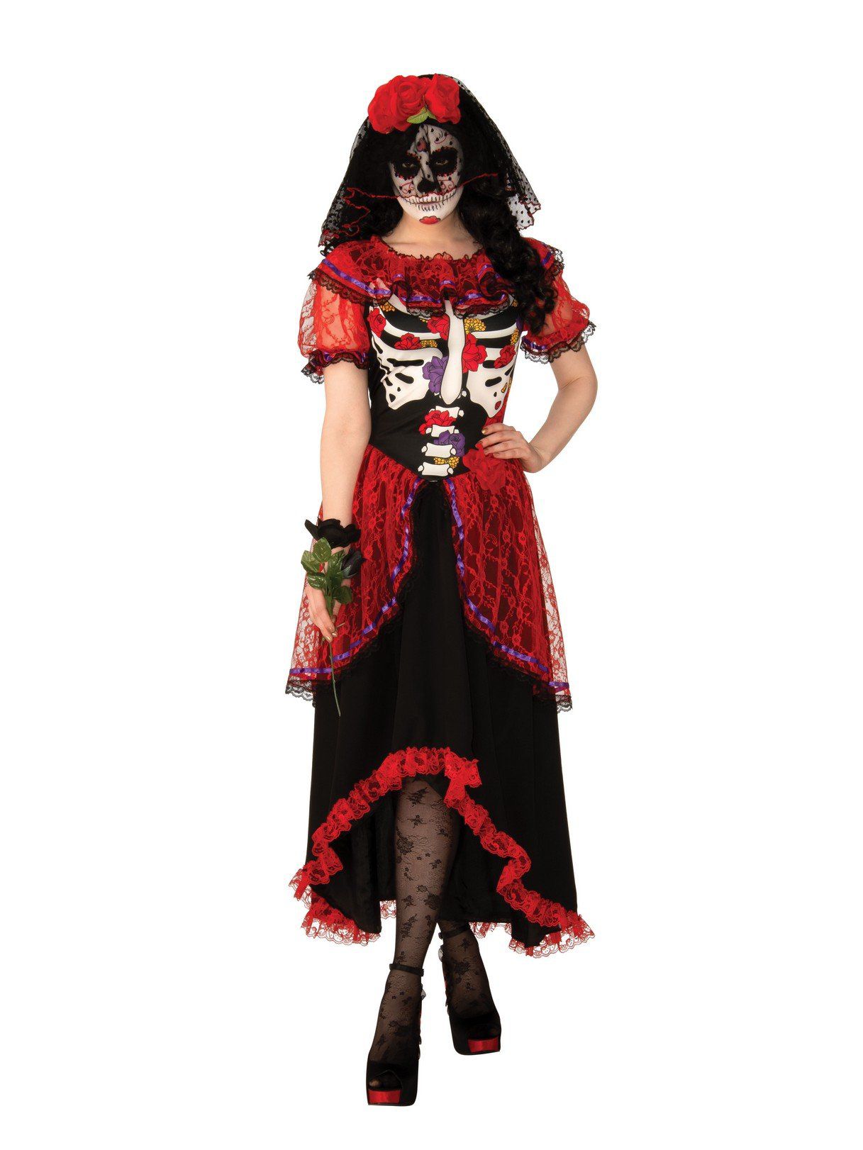 day of the dead red dress Adult La Catrina Day of the Dead Trumpet Dress Costume, Black/Red, Small