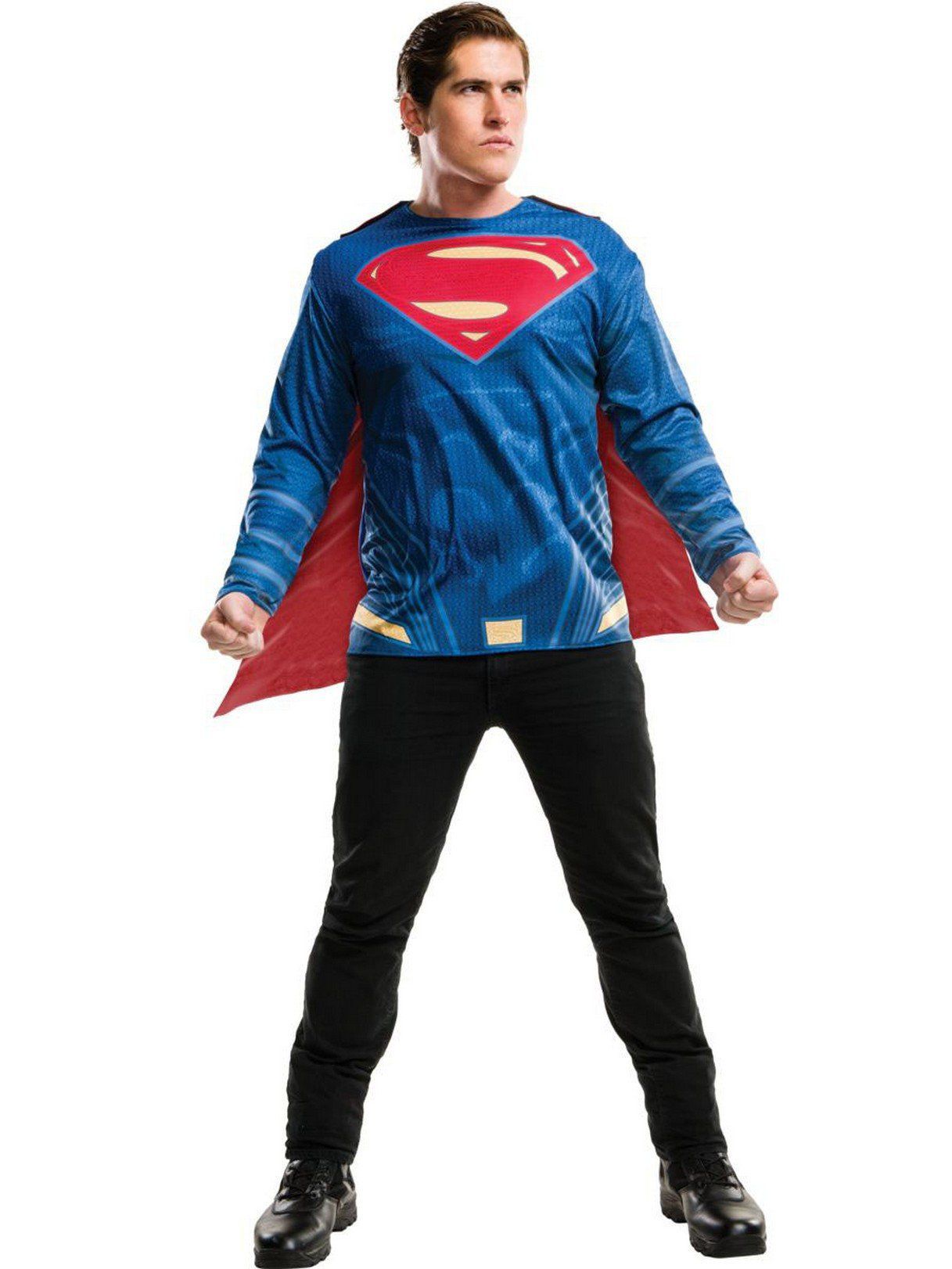 Men's Justice League Long Sleeve Superman Costume Top and Cape Set - costumes.com