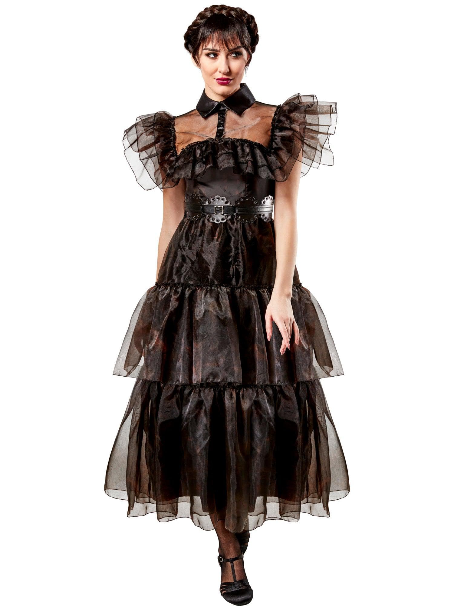 Kids Wednesday Addams Black Dance Dress with Belt Halloween Cosplay Costume