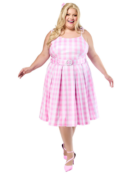 Rubies Women's Plus Size Barbie Movie Perfect Day Pink Gingham Dress- 3X