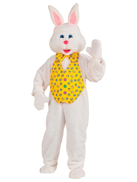 Adult White Easter Bunny Mascot With Yellow Vest Costume
