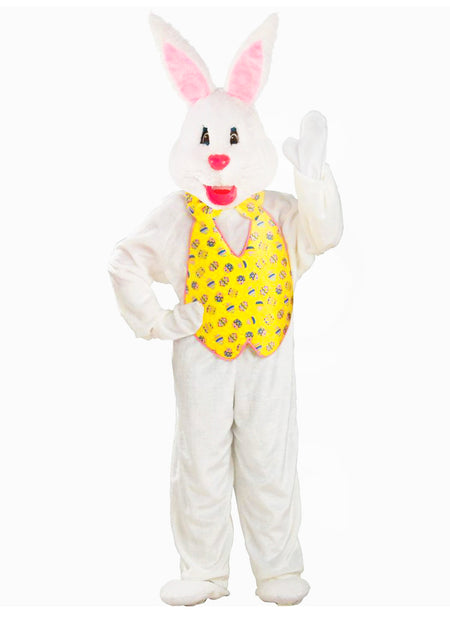 Adult White Easter Bunny Mascot With Yellow Vest Costume