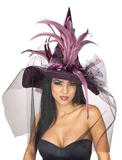Adult Purple Tulle and Feather Decorated Witch Hat - costumes.com