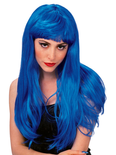 Women's Long Blue Glamour Wig with Bangs