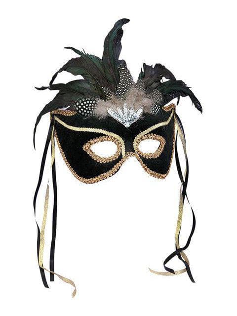 Adult Black and Gold Eye Mask with Feathers - costumes.com