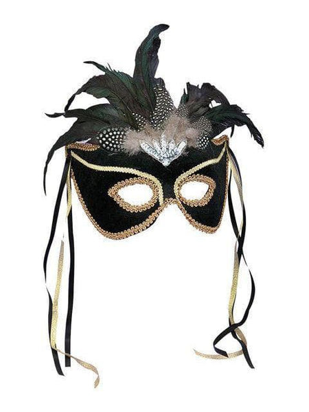 Adult Black and Gold Eye Mask with Feathers