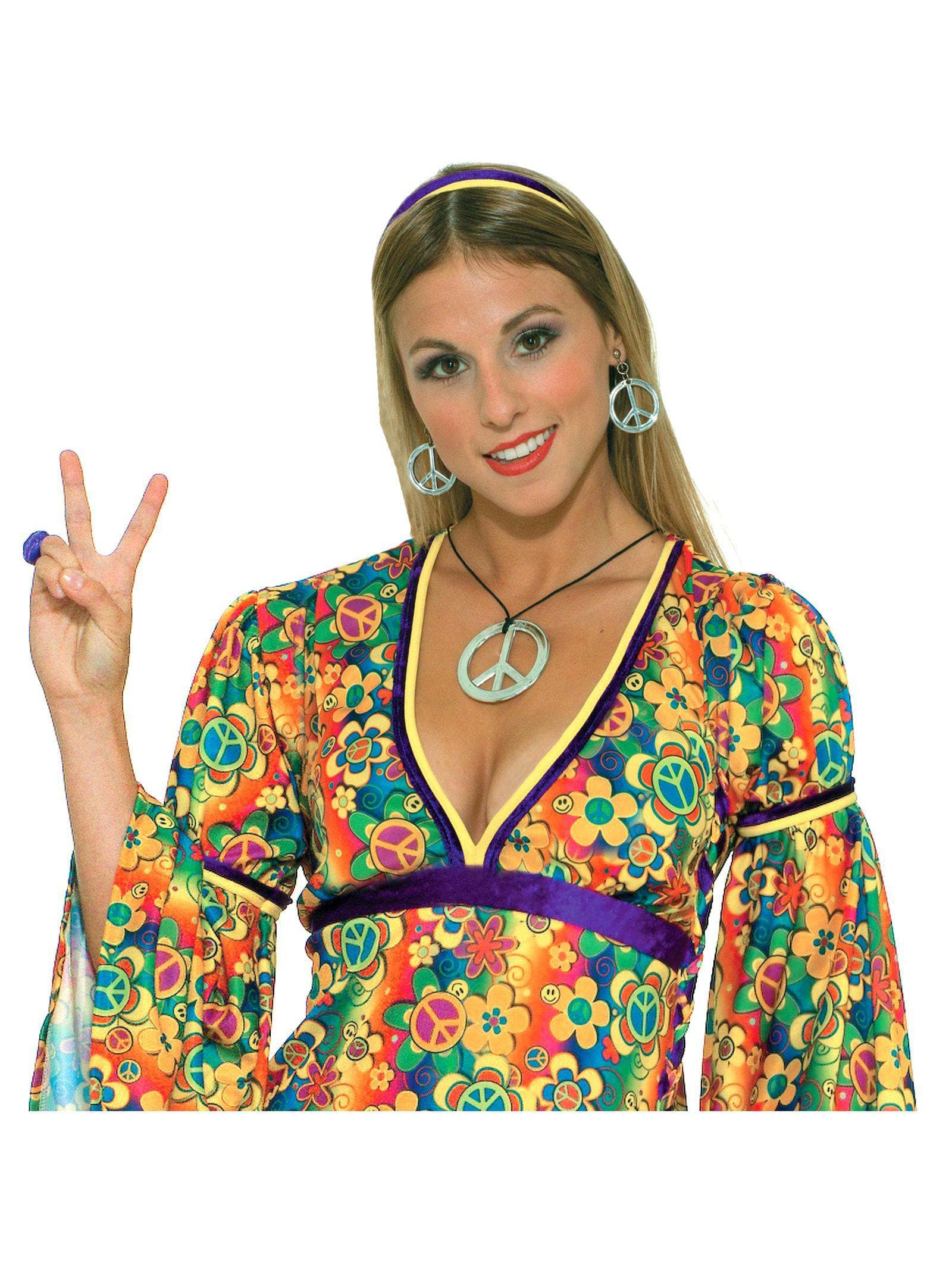 Women's Silver Hippie Peace Sign Necklace and Earrings - costumes.com