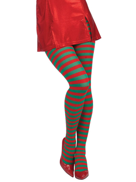 Adult Red and Green Holiday Striped Tights