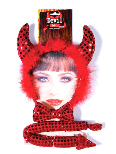 Adult Red Sequin Devil Headband, Bow Tie and Tail
