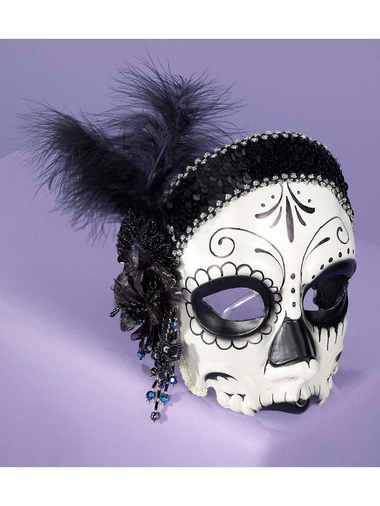 Adult Black and White Skull Masquerade Mask with Feathers - costumes.com