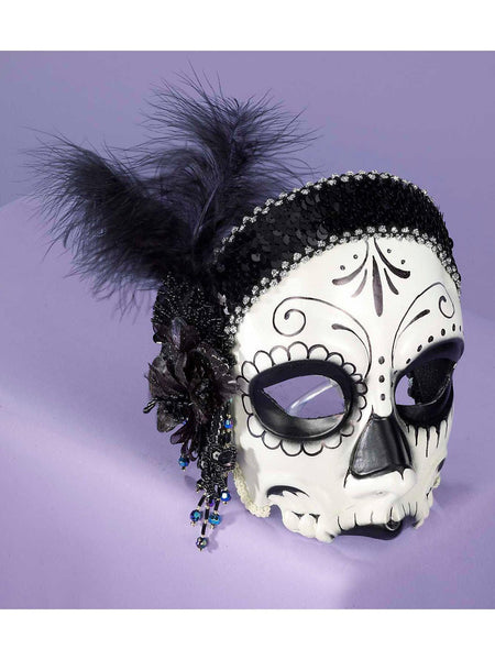 Adult Black and White Skull Masquerade Mask with Feathers
