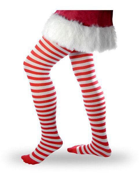Adult Red and White Rag Doll Striped Tights - costumes.com