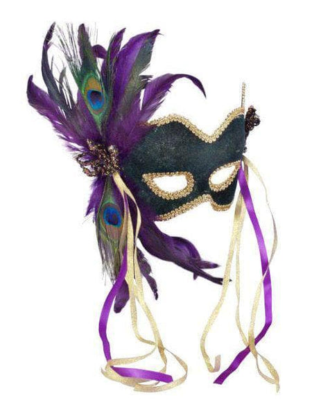 Adult Green Mardi Gras Masquerade Eye Mask with Feathers