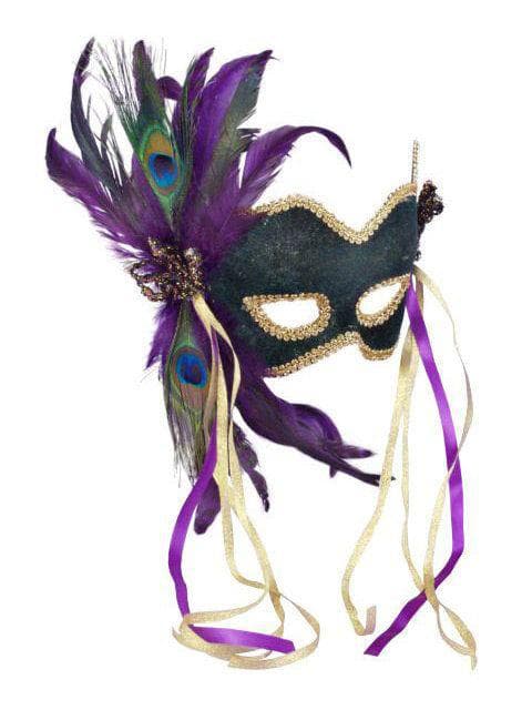Adult Green Mardi Gras Masquerade Eye Mask with Feathers - costumes.com