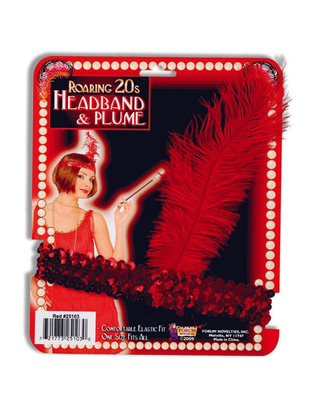 Women's Red Sequin and Feather Flapper Headband