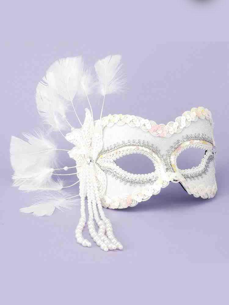 White Masquerade Mask with Feathers/Beads - costumes.com