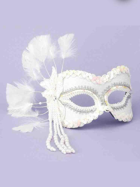 White Masquerade Mask with Feathers/Beads