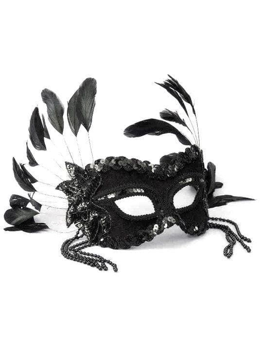 Adult Black Eye Mask with Feathers and Beads - costumes.com