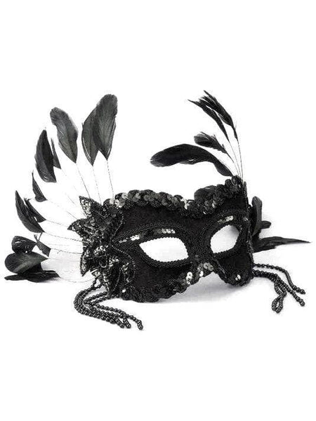 Adult Black Eye Mask with Feathers and Beads