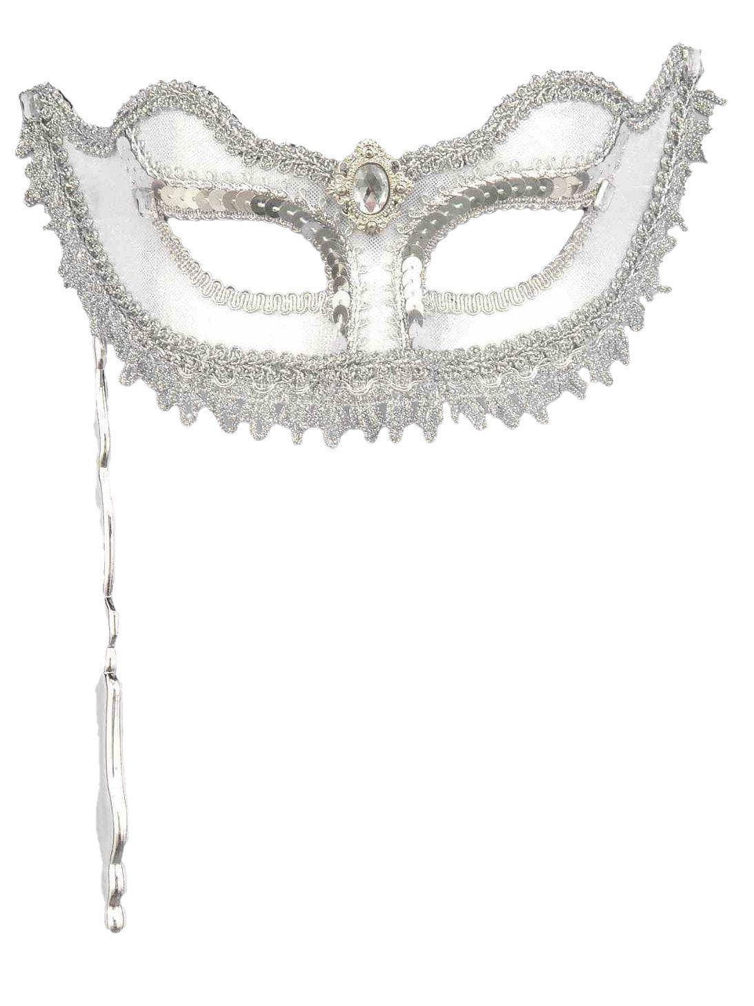 Adult White and Silver Masquerade Eye Mask with Stick - costumes.com