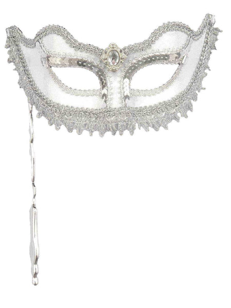 Adult White and Silver Masquerade Eye Mask with Stick