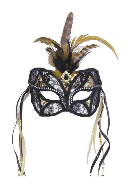 Adult Gold and Black Lace Masquerade Mask with Feathers