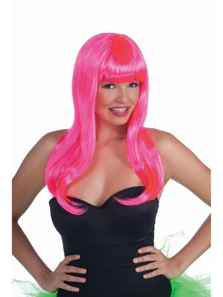 Adult Long Neon Pink Wig with Bangs