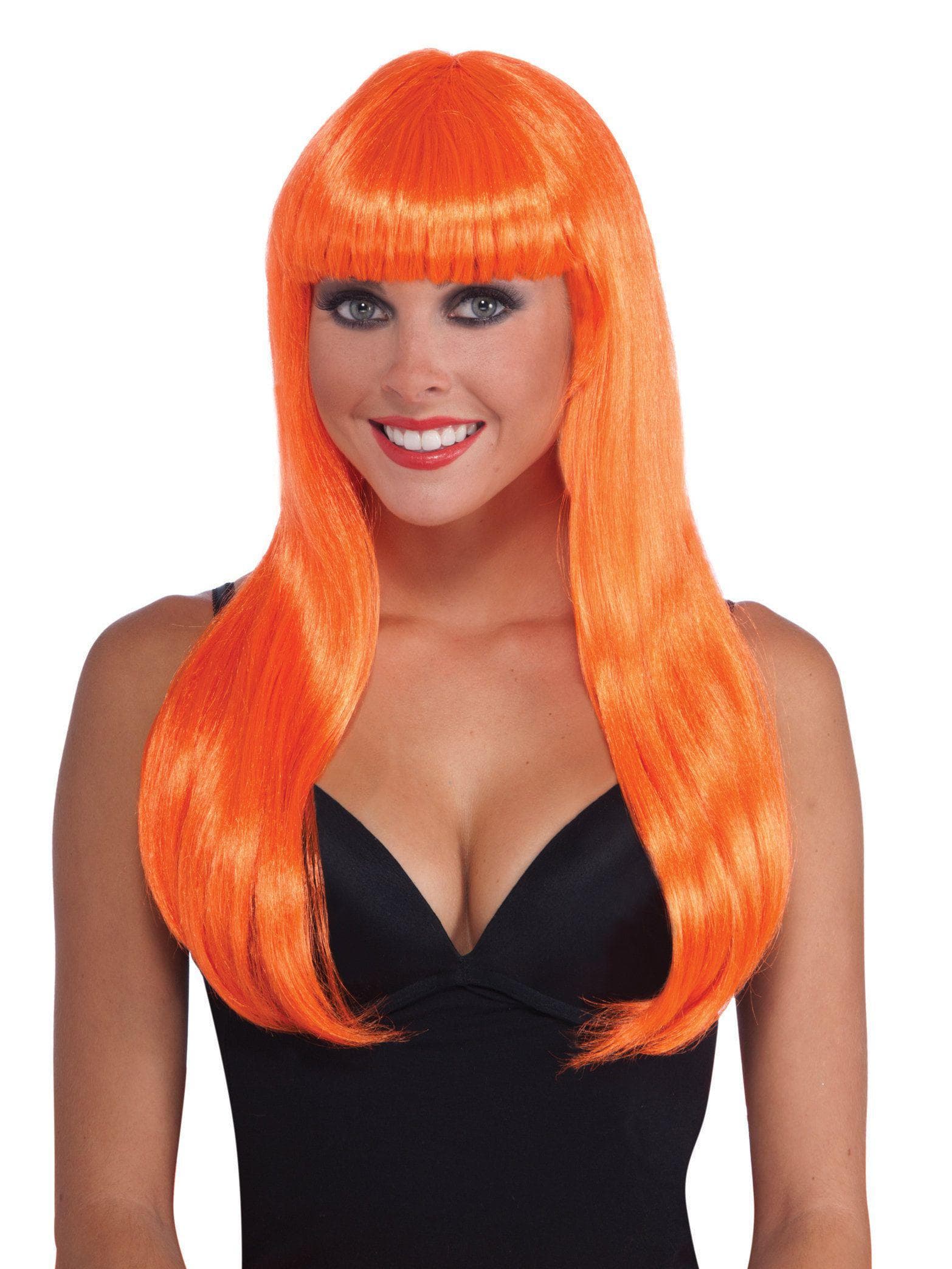 Adult Long Neon Orange Wig with Bangs - costumes.com
