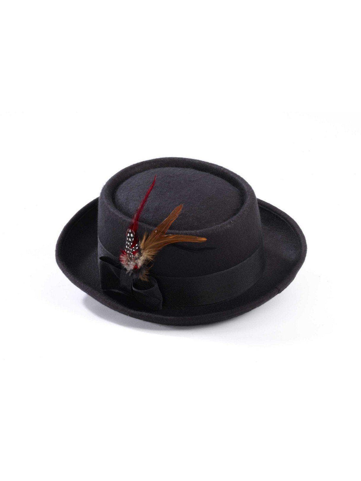 Adult Black Pork Pie Hat with Feather - costumes.com