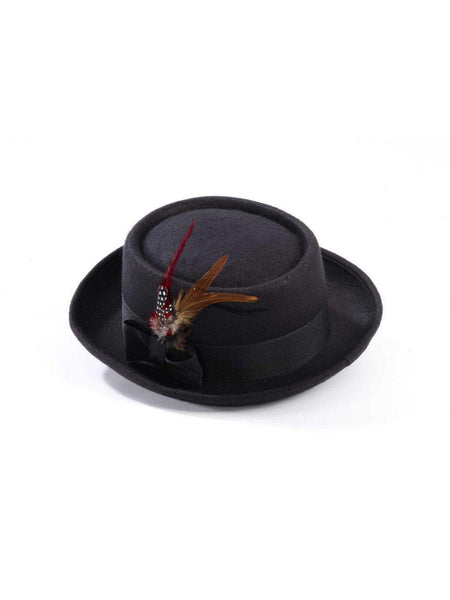 Adult Black Pork Pie Hat with Feather