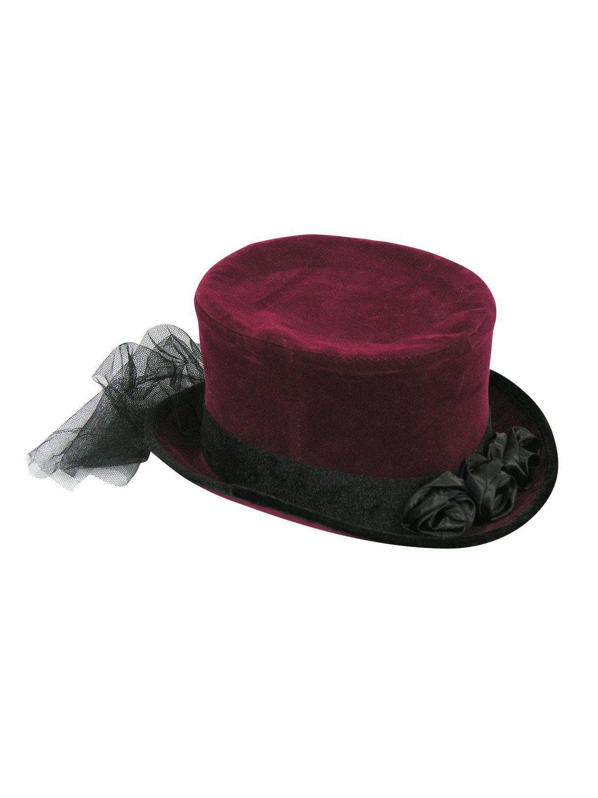 Adult Burgundy Tulle and Flower Trimmed Top Hat - costumes.com