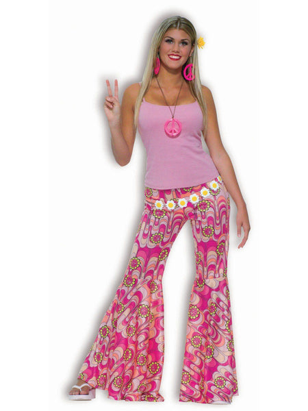 Women's Pink Flower Power Hippie Bell Bottom Pants