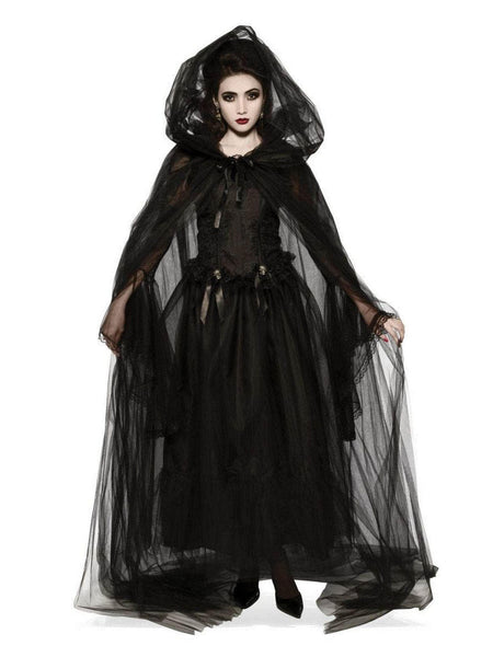 Adult Black Hooded Tulle Cape