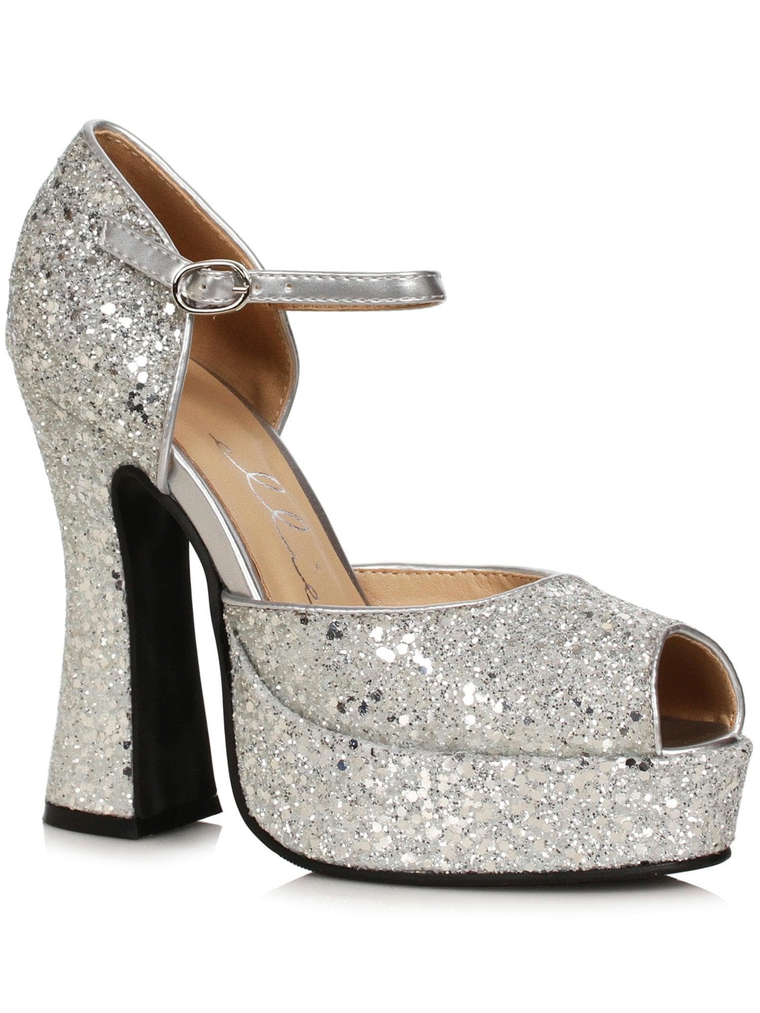Adult Silver Glitter Open Toe Platform Heeled Shoes - costumes.com
