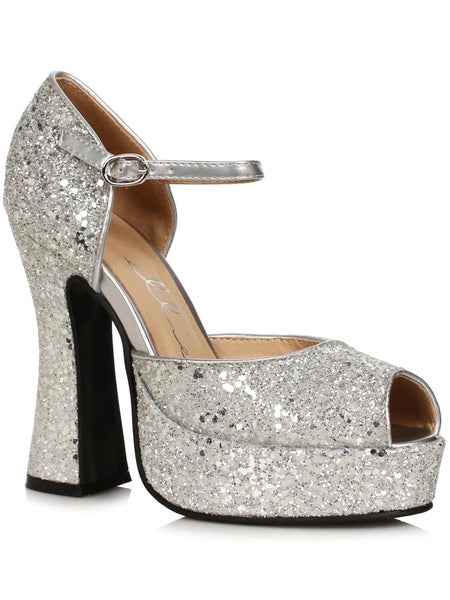 Adult Silver Glitter Open Toe Platform Heeled Shoes