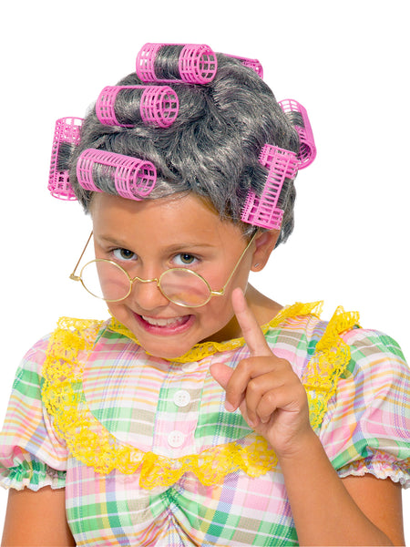 Girls' Old Lady Wig with Pink Curlers