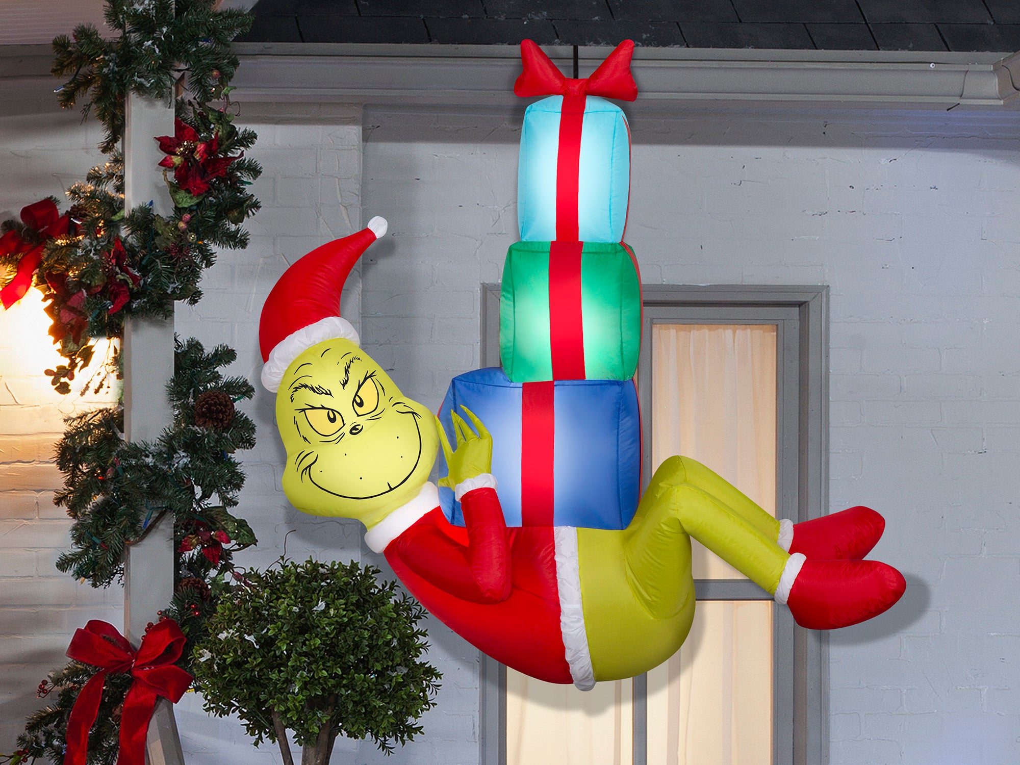 4 Foot Dr. Seuss The Grinch Hanging with Presents Light Up Christmas Inflatable Lawn Decoration - costumes.com