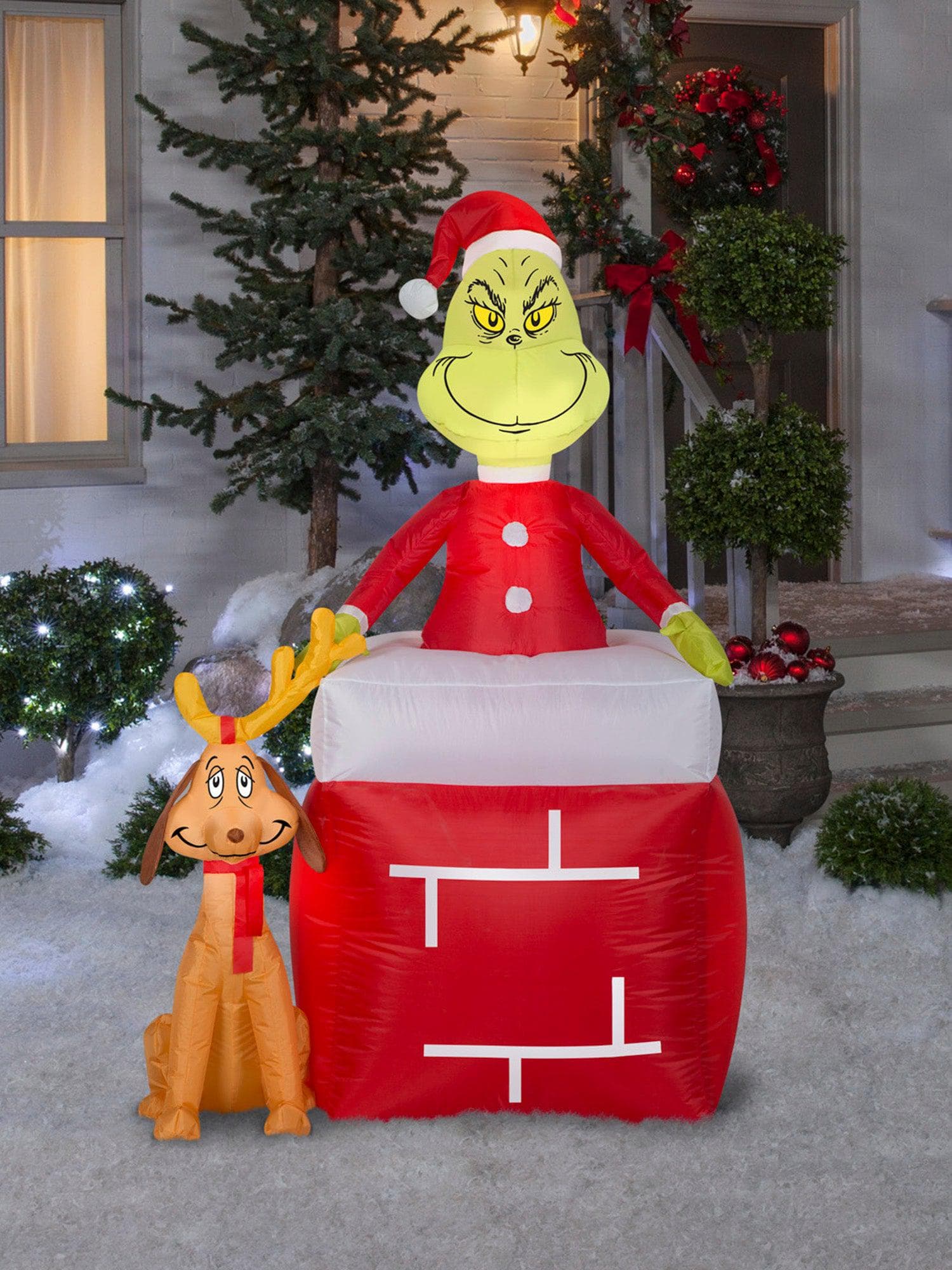 5.5 Foot Dr. Seuss The Grinch Chimney Scene Light Up Christmas Inflatable Lawn Decor - costumes.com