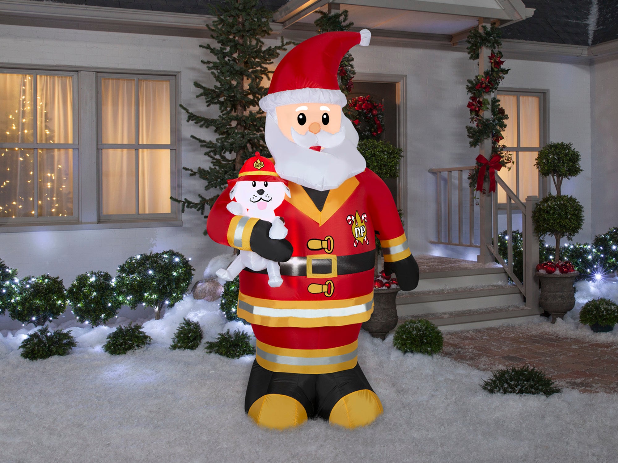 7 Foot Firefighter Santa Light Up Christmas Inflatable Lawn Decoration - costumes.com