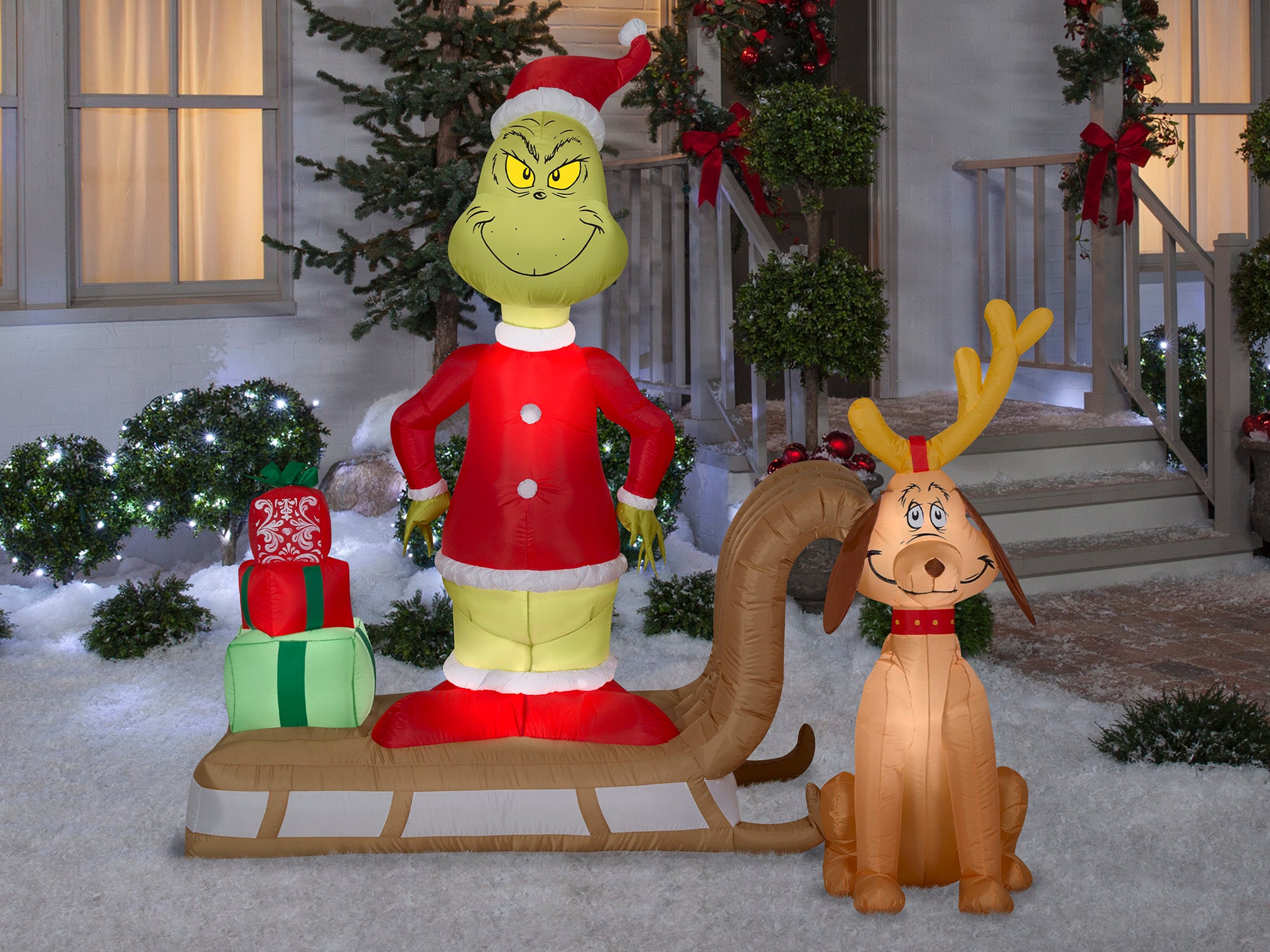 Dr. Seuss The Grinch Sleigh Scene Inflatable Lawn Decoration - Thumbnail 2