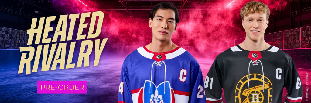 Promotional banner for heated hockey rivalry featuring two athletes in jerseys, with large text reading 'HEATED RIVALRY' and a pink 'PRE-ORDER' badge on a smoky red and blue background.