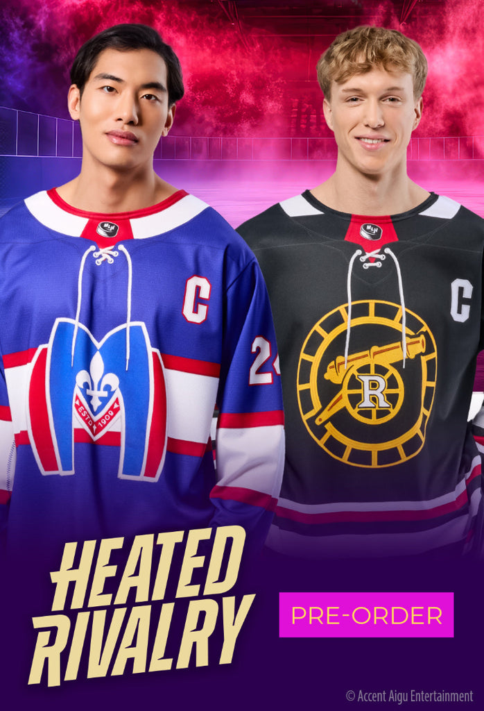 Promotional graphic for a hockey jersey pre-order featuring two male models wearing custom jerseys. The left jersey is blue with red and white stripes and a fleur-de-lis logo, and the right jersey is black with a gold cannon logo.