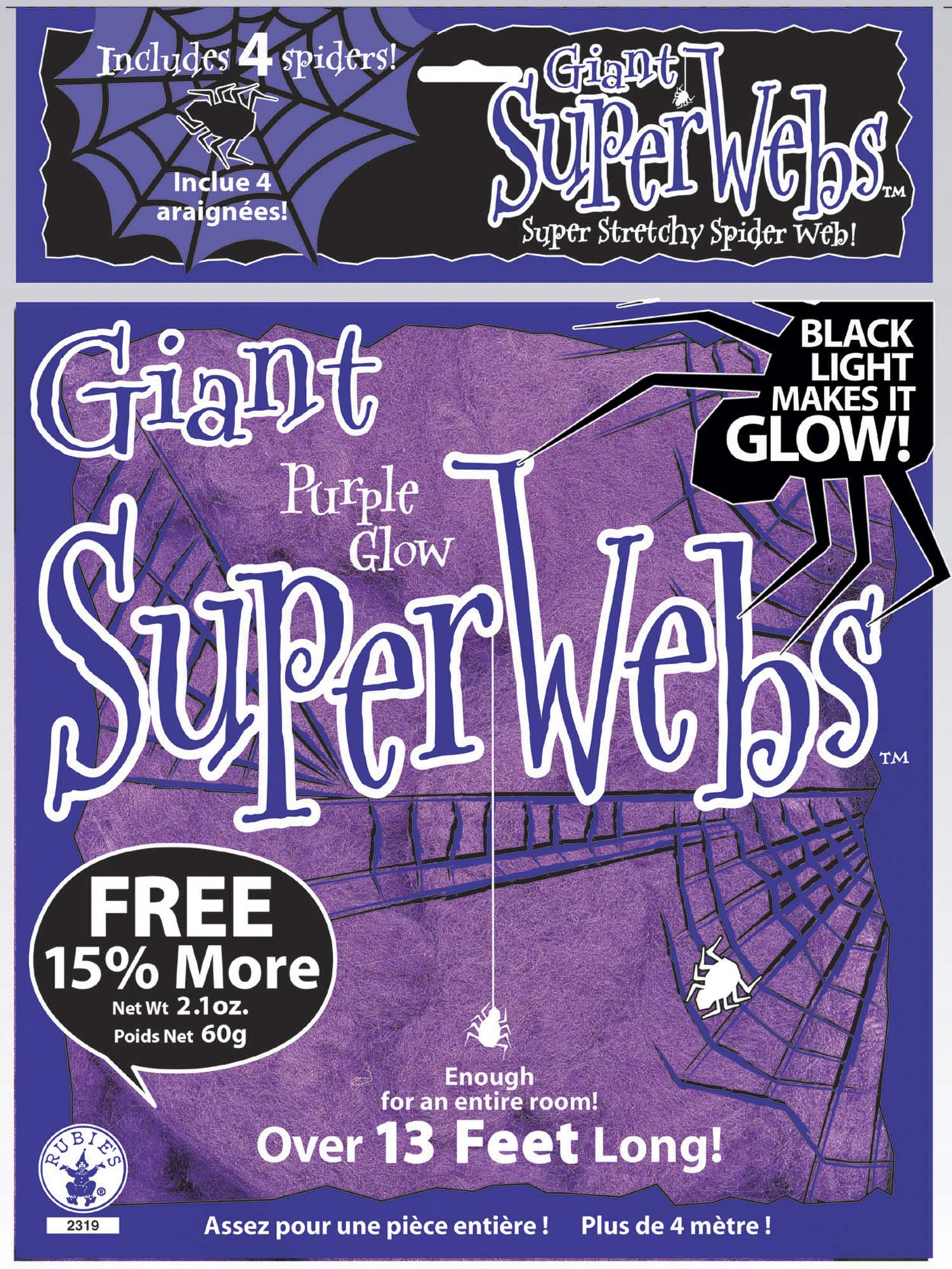 Giant Purple Glow Super Spiderweb with 4 Spiders - 60 Grams - costumes.com